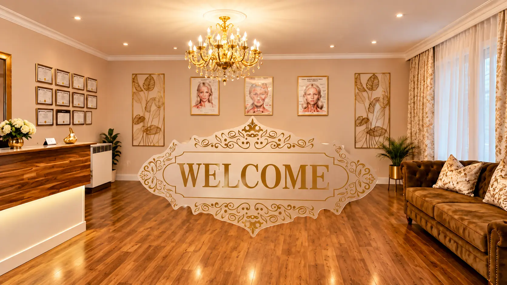 Eleganter Empfang im Tolin Beauty Studio in Amberg mit goldenem Kronleuchter und Welcome-Schild